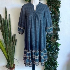 Anna Sui For Uniqlo Navy Floral Cotton Boho Peasant Dress